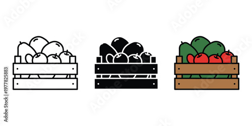 Three wooden crates filled with vegetables isolated on transparent background