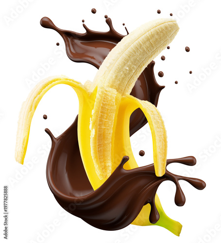 Quadro em tela Banana with chocolate splash isolated on white background
