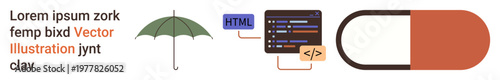 Technology, health, protection, coding, medicine, web development. Flat icons include an umbrella, a code interface and a pill shape. Technology and health with protection in focus