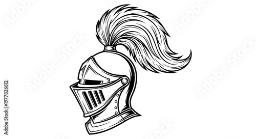 Medieval Knight Helmet with Feather Plume, Vintage Style Illustration