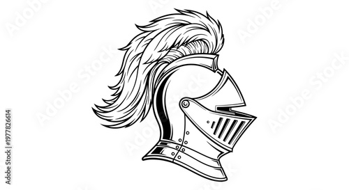 Medieval Knight Helmet with Feather Plume, Vintage Style Illustration