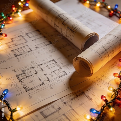 Architectural blueprints on desk surrounded by festive fairy lights