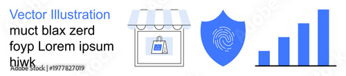 E-commerce, cybersecurity, data analysis, online shopping, identity verification, growth tracking. Visuals include a shopfront icon, security shield with fingerprint and bar graph. E-commerce