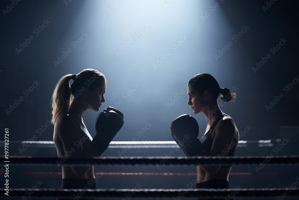 Fototapeta premium Two female boxers face off in a dramatic, dimly lit boxing ring under spotlights