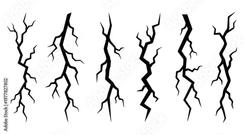 Collection of six distinct vector crack illustrations, representing damage, destruction, earthquake, or broken surface effects for graphic design projects and textures.