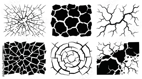 Collection of distinct vector crack patterns illustration set for graphic design projects showing broken surfaces and distressed textures.