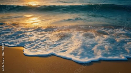 Ultra-realistic video of ocean waves crashing onto a sandy beach at sunset, detailed water textures, golden light reflecting on the surface