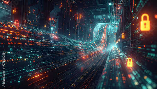 Digital Security Tunnel: A vibrant tunnel of data flows, showcasing digital security with glowing padlocks in a modern technological world. 