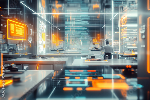 Futuristic kitchen Chef preparing gourmet dishes with AI systems, holographic displays. Future of Culinary Innovation.