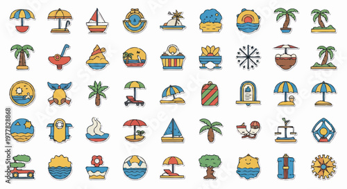 Collection of Summer Vacation and Beach Icons.