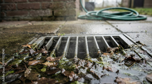 Wallpaper Mural Clogged storm drain with wet leaves and green debris on a paved surface Torontodigital.ca
