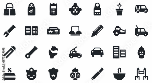 Collection of various black and white vector icons representing different objects and concepts.