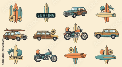Retro Surfing Vehicle Collection Vintage Style.