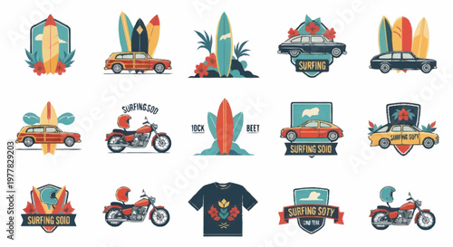 Collection of Retro Surfing Badges and Emblems with Cars and Motorcycles.