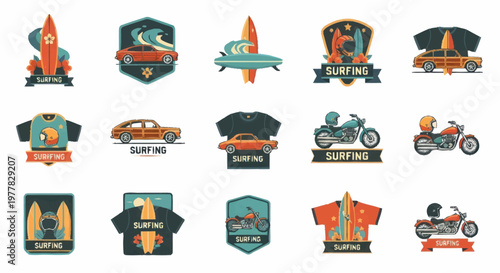 Collection of surfing themed emblems and icons.