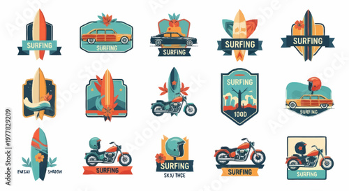 Collection of Surfing and Motorcycle Themed Emblems and Badges.