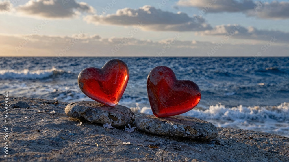 Fototapeta premium Red glass hearts on rocks by ocean shore