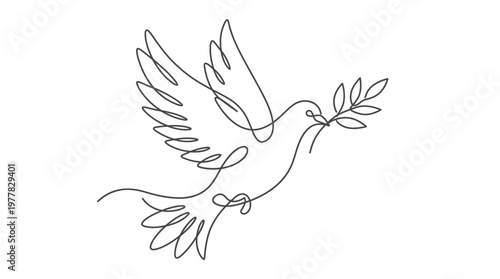 Elegant continuous line drawing of a dove with an olive branch in its beak, symbolizing peace and hope ceasefire 