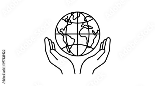 Outline illustration of hands cradling a stylized globe, symbolizing global protection, environmental care, sustainability, and human responsibility for the planet's well-being ceasefire 
