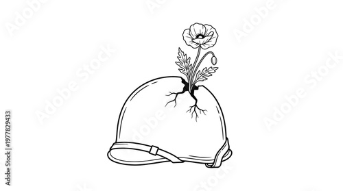 Conceptual illustration of a resilient poppy flower blooming from a weathered military helmet, symbolizing hope, remembrance, and the powerful emergence of peace from conflict