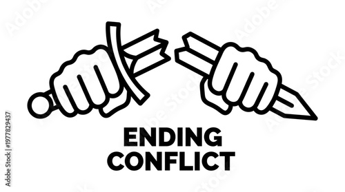 Striking illustration depicting hands breaking weapons, symbolizing the pursuit of peace, conflict resolution, and the global movement towards reconciliation and unity ceasefire 