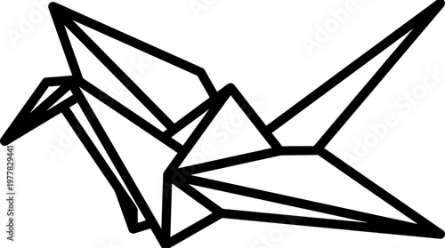 Simple yet elegant black and white outline of a geometric origami crane, representing peace and hope ceasefire 