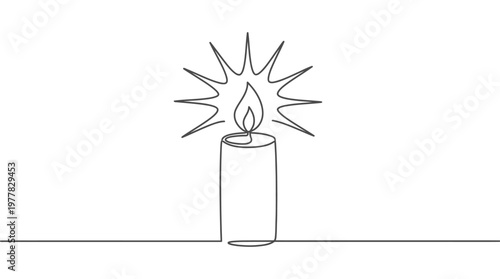 Abstract continuous line art of a glowing candle flame, radiating bright light, symbolizing inner peace, warmth, and hope in a minimalist graphic design ceasefire 