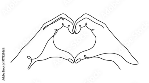 Minimalist continuous line art illustration depicting two human hands forming a heart shape, symbolizing universal themes of love, affection, care, and heartfelt connection on a clean background cease