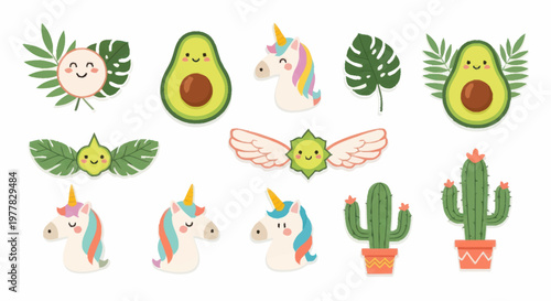 Cute cartoon avocados unicorns and cacti collection.