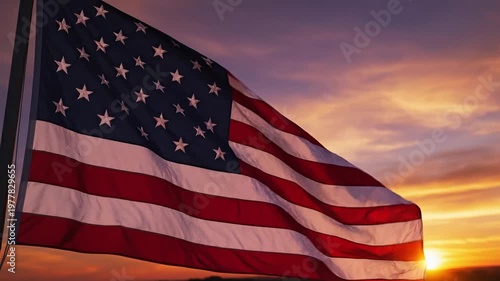 Cinematic Close-up of American Flag Waving in the Wind at Sunset with Golden Sunlight - United States Patriotic Symbol of Liberty and Freedom during Dusk.