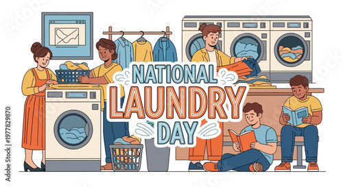 Illustrated vector art featuring people engaged in home laundry activity near washing machines and hanging clothes in a brightly colored laundry room, celebrating National Laundry Day