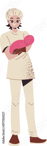 Caring nurse or midwife holding a swaddled newborn baby gentle pose light uniform warm colors simple lines.