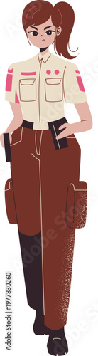 Determined illustrated woman in beige uniform with pink patches brown cargo pants holding dark objects.