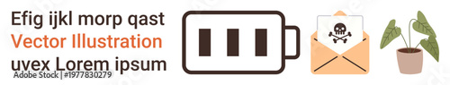 Cybersecurity, malware alerts, eco-friendly concepts, productivity, energy conservation, digital threats. A battery icon, email with skull symbol and potted plants. Cybersecurity and malware alerts