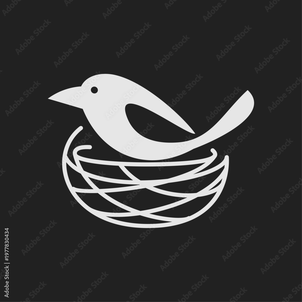 Obraz premium Stylized white bird sitting in a simple nest on a dark background