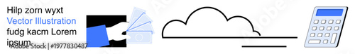 Cloud storage, technology, digital tools, data calculation, organization, workflow. Hand holding documents, cloud icon calculator. Cloud storage and data calculation concepts