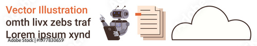 AI technology, data management, cloud storage, automation, document processing, digital analytics. Robot with clipboard, document stack and a cloud symbol. AI technology and data management inferred