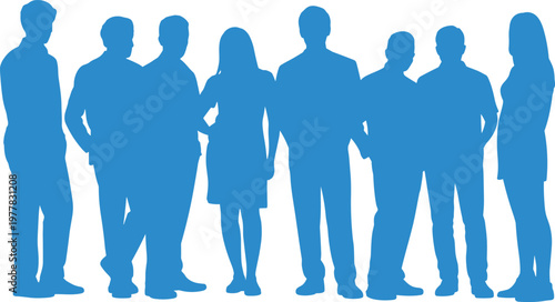 Blue diverse people silhouettes group standing together modern corporate team background