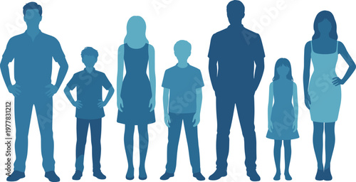 Family silhouettes set parents and children standing together isolated flat vector