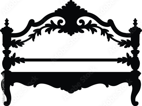 PrintVintage bed silhouette, ornate frame, floral scrollwork, antique furniture, decorative headboard, classic design, symmetrical style, interior decor