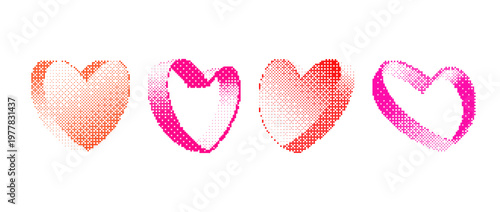Pixel halftone heart collection. Bitmap heart-shaped design elements for sticker, collage, banner, poster, collage. Red and pink dither 3d rasterized hearts set. Retro Y2K 8 bit effect bundle. Vector