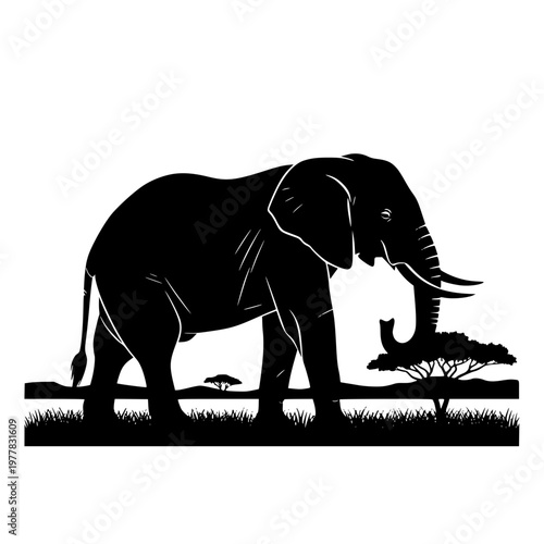 African Elephant Silhouette in Savanna Landscape with Acacia Tree