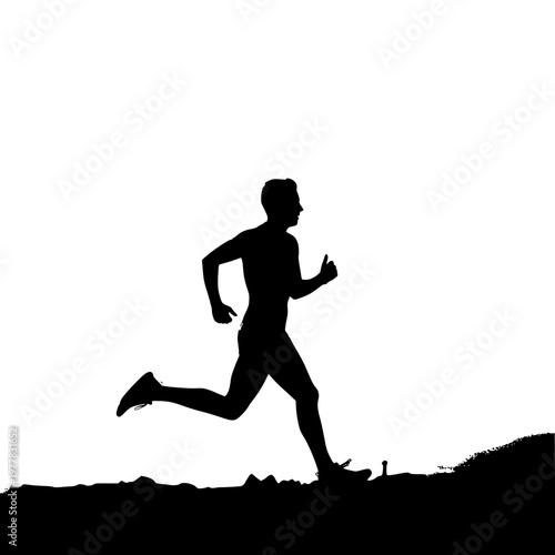Silhouette of a Man Running Uphill Against a Plain White Background