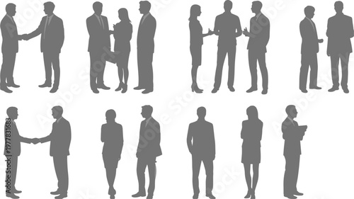 Business people silhouettes handshake meeting team corporate partnership isolated vector illustration set