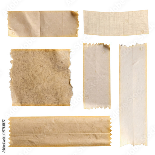 Fényképezés Six distinct pieces of old, torn, and creased paper or masking tape with subtle sun symbols