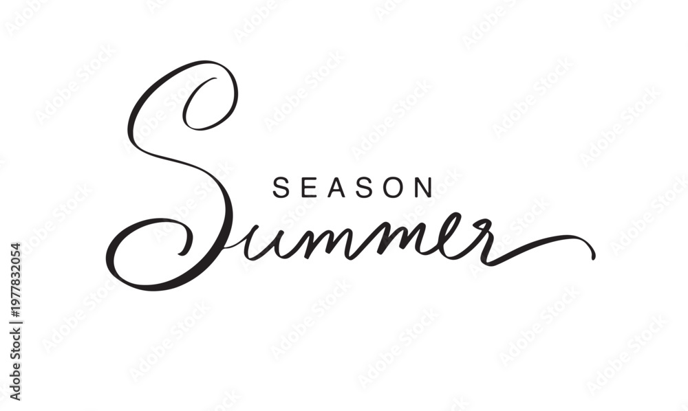 Fototapeta premium Summer season text font calligraphy hand written lettering script black color object icon summer season time travel trip tourism tourist vacation beach sun sand summer season june may month summer 