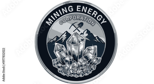 Mining Industry Emblem with Crystals and Mountain Landscape