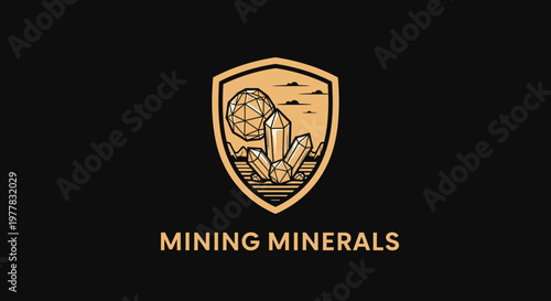 Mining Industry Emblem with Crystals and Mountain Landscape