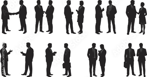 Business people silhouettes conversation handshake meeting corporate discussion professional interaction flat vector