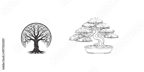 Intricate black and white illustration of two stylized trees